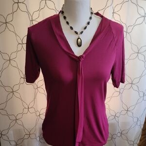 Talbots Short Sleeve Tie-Neck Blouse in Magenta